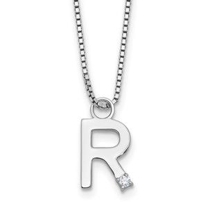 925 Sterling Silver RH-plated 18" Diamond Letter R Initial Necklace plus 2" Ext